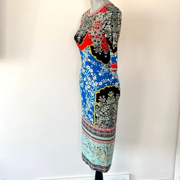 Alice + Olivia FLORAL CREWNECK MIDI DRESS size 2 Stretch Boho Feminine Vacation - Picture 2 of 16